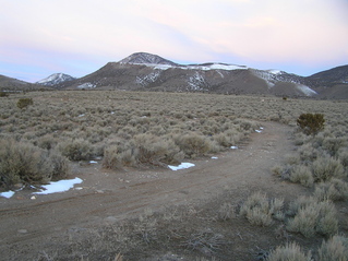 #1: Site of 40 North 112 West, looking west.  The confluence lies 4 meters to the left of the trail, to the left of the lone tree in the center right of the photograph.