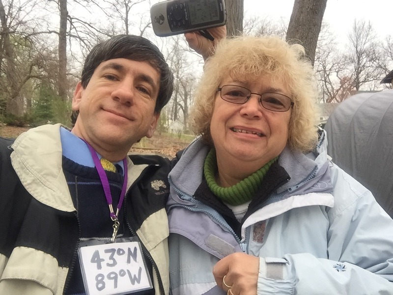 Joseph Kerski and Barb Wallner feeling centered at the confluence point.