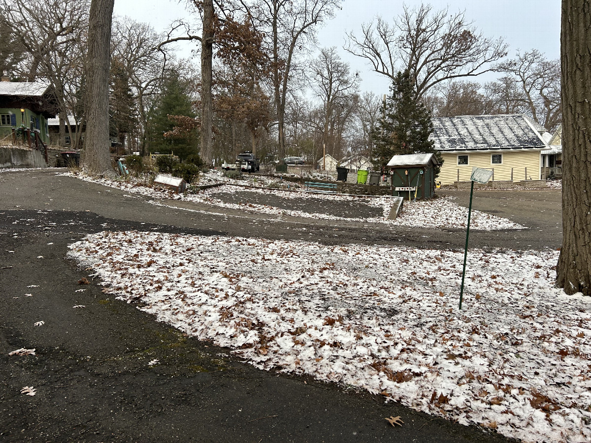 A view to the north from the confluence, toward Alpine Village Lane's dead end.