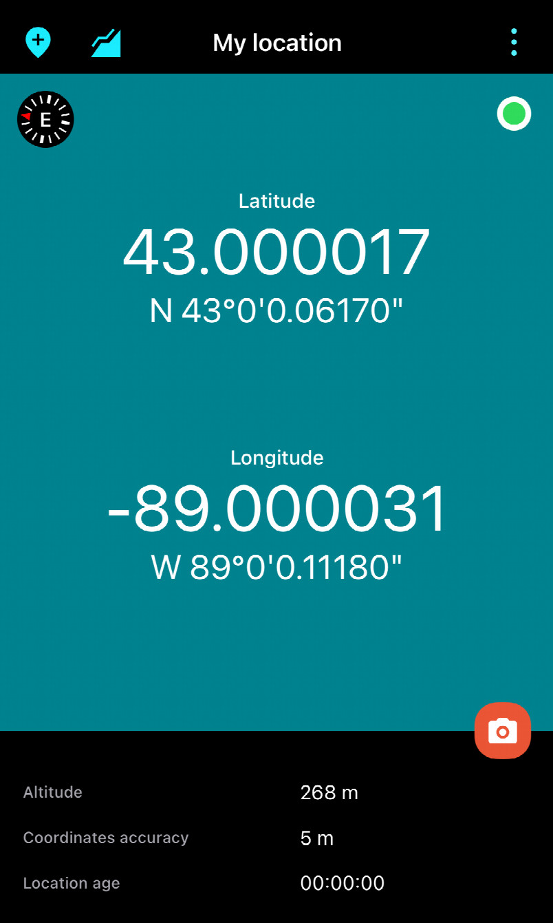 A screenshot of the GPS app, showing near-zeroes (as well as altitude of 268 m and accuracy)