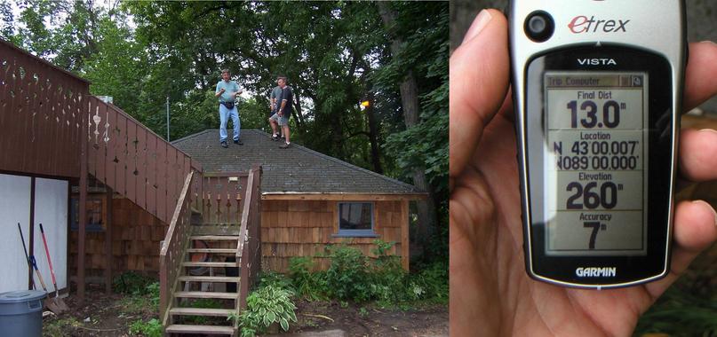 Looking for the confluence on the garage roof and the best reading we could get.