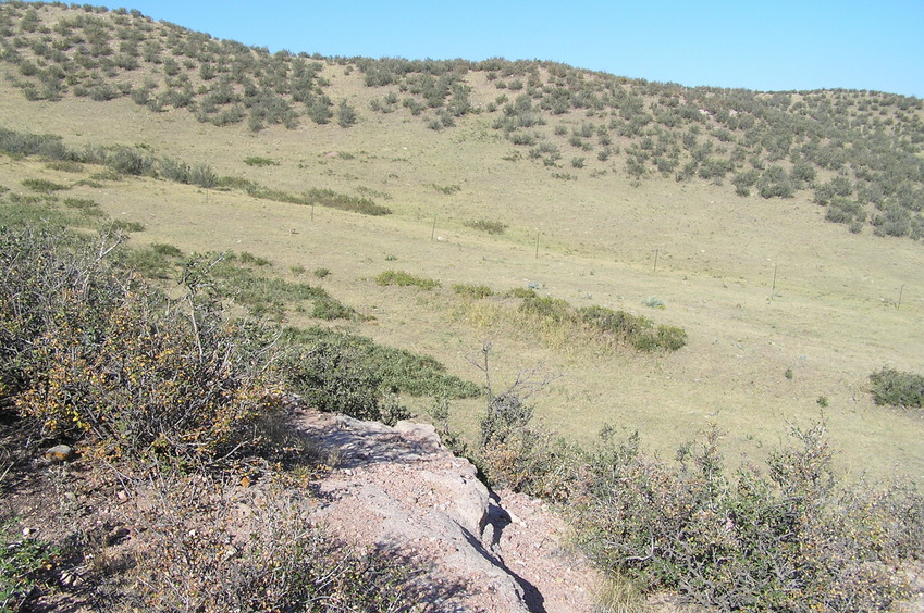 Site of 41 North 105 West, just over the rock shelf in the foreground, looking west.