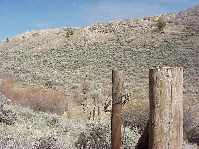 Looking east along the state line fence, with Wyoming on the left and Colorado on the right, 220 meters southwest of the confluence.