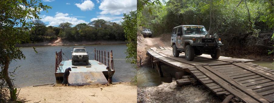 CROSSING CAPANAPARO RIVER WITH A MAN POWER BARGE AND THE CUNAVICHE RIVER ON A WOOD BRIDGE