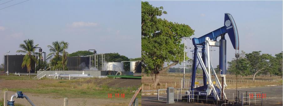 OIL TANK FARM WITH OIL AND WATER TREATMENT FACILITIES AND A TYPICAL OIL WELL PUMP
