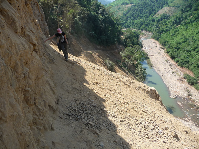 Natie nervously attempting to cross the perilous cat-track with a deathly drop below.