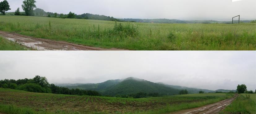 Grain field with goals to the WEST; hilly landscape to the EAST