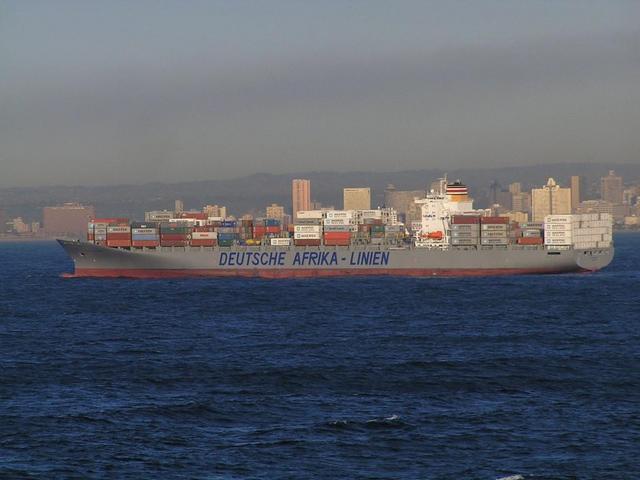 The German container ship "DAL Kalahari" anchored off Durban's waterfront